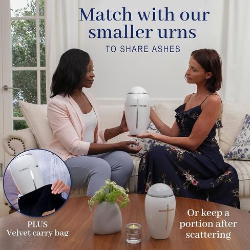 FOVERE - جرة دينية صغيرة للرماد البشري للبالغين من الذكور والإناث - جرة حرق الجثث البيضاء مع صليب فضي - 75 بوصة مكعبة - جرة تذكارية مزخرفة مصنوعة يدويًا مثالية لمشاركة رماد أحبائك in Kuwait