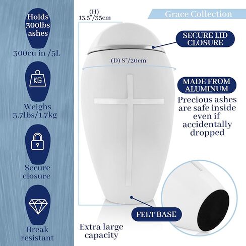 FOVERE - جرة دينية صغيرة للرماد البشري للبالغين من الذكور والإناث - جرة حرق الجثث البيضاء مع صليب فضي - 75 بوصة مكعبة - جرة تذكارية مزخرفة مصنوعة يدويًا مثالية لمشاركة رماد أحبائك in Kuwait