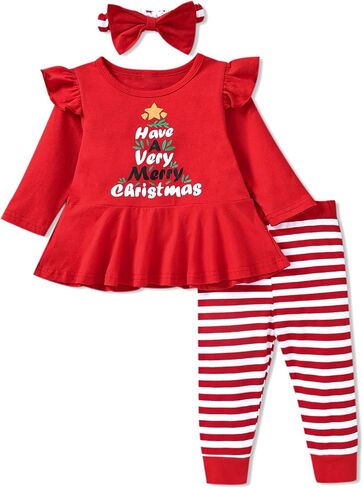 fioukiay Toddler Girls Buffalo Plaid Christmas Outfits 3Pcs Infant Baby Reindeer Tunic Pants Fall Winter Clothes Set in Saudi Arabia