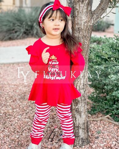 fioukiay Toddler Girls Buffalo Plaid Christmas Outfits 3Pcs Infant Baby Reindeer Tunic Pants Fall Winter Clothes Set in Saudi Arabia