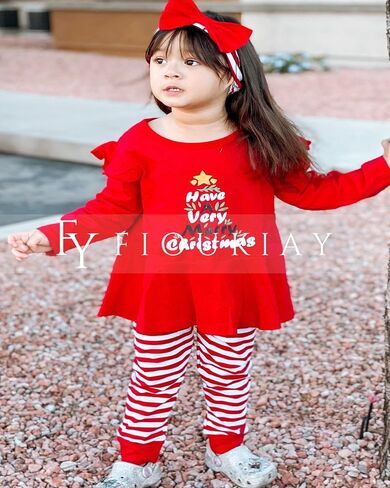 fioukiay Toddler Girls Buffalo Plaid Christmas Outfits 3Pcs Infant Baby Reindeer Tunic Pants Fall Winter Clothes Set in Saudi Arabia