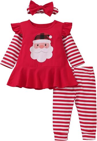 fioukiay Toddler Girls Buffalo Plaid Christmas Outfits 3Pcs Infant Baby Reindeer Tunic Pants Fall Winter Clothes Set in Saudi Arabia