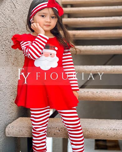 fioukiay Toddler Girls Buffalo Plaid Christmas Outfits 3Pcs Infant Baby Reindeer Tunic Pants Fall Winter Clothes Set in Saudi Arabia