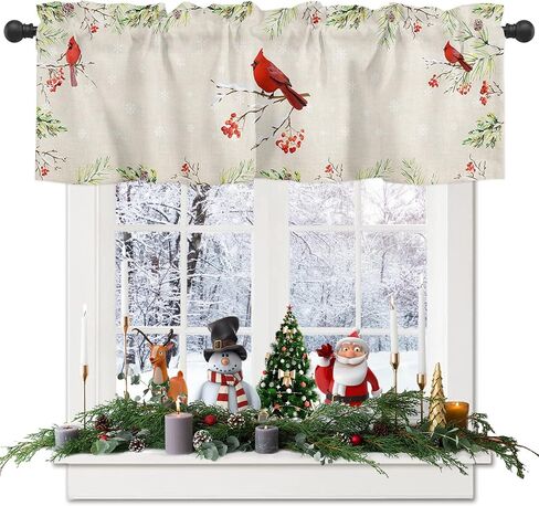 Window Valance Short Curtains Christmas Red Cardinal Birds in Berry Branch Rod Pocket Privacy Drapes Window Treatment Winter Snowflakes on Linen Texture Curtain Panel for Kitchen Bedroom Bathroom in Saudi Arabia