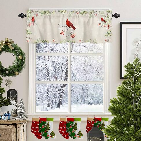 Window Valance Short Curtains Christmas Red Cardinal Birds in Berry Branch Rod Pocket Privacy Drapes Window Treatment Winter Snowflakes on Linen Texture Curtain Panel for Kitchen Bedroom Bathroom in Saudi Arabia