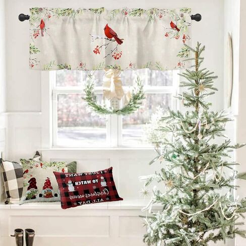 Window Valance Short Curtains Christmas Red Cardinal Birds in Berry Branch Rod Pocket Privacy Drapes Window Treatment Winter Snowflakes on Linen Texture Curtain Panel for Kitchen Bedroom Bathroom in Saudi Arabia