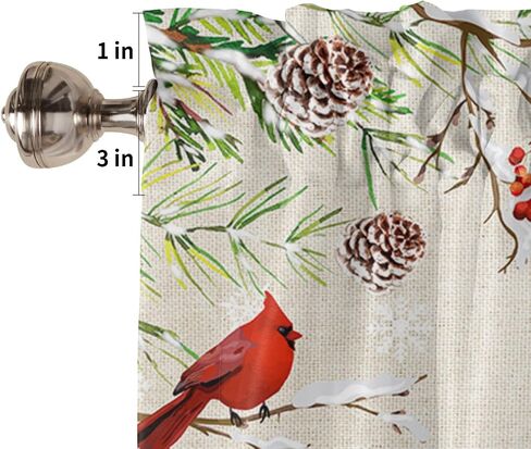 Window Valance Short Curtains Christmas Red Cardinal Birds in Berry Branch Rod Pocket Privacy Drapes Window Treatment Winter Snowflakes on Linen Texture Curtain Panel for Kitchen Bedroom Bathroom in Saudi Arabia