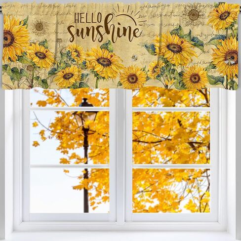 ستارة عباد الشمس للمطبخ مقاس 45.72 سم × 137.16 سم ديكور عباد الشمس جنوم، ستارة نافذة زهرية صفراء رمادية لغرفة المعيشة وغرفة النوم، ستائر جيب قضيب، ستارة معالجة النوافذ in Kuwait