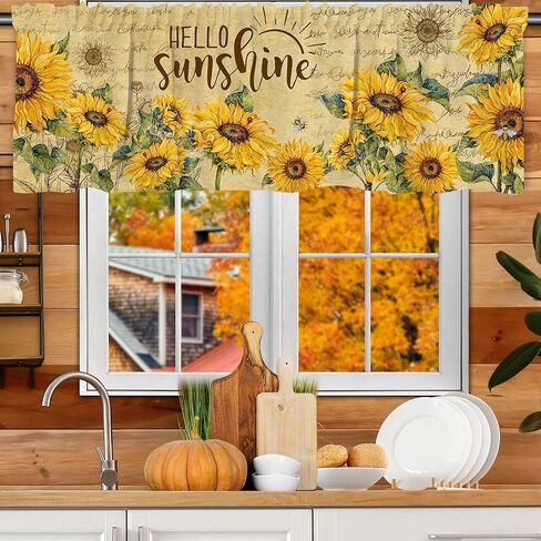 ستارة عباد الشمس للمطبخ مقاس 45.72 سم × 137.16 سم ديكور عباد الشمس جنوم، ستارة نافذة زهرية صفراء رمادية لغرفة المعيشة وغرفة النوم، ستائر جيب قضيب، ستارة معالجة النوافذ in Kuwait
