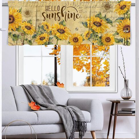ستارة عباد الشمس للمطبخ مقاس 45.72 سم × 137.16 سم ديكور عباد الشمس جنوم، ستارة نافذة زهرية صفراء رمادية لغرفة المعيشة وغرفة النوم، ستائر جيب قضيب، ستارة معالجة النوافذ in Kuwait