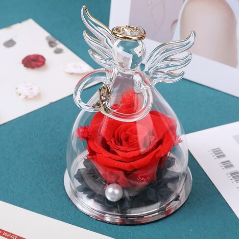 Preserved Flowers with Angel Figurines-Angels with Pretty Roses,Real Rose in Glass Dome,Preserved Rose Gifts for Women on, Valentine's Day, Mother's Day, Birthday (Purple) in Kuwait