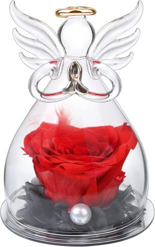 Preserved Flowers with Angel Figurines-Angels with Pretty Roses,Real Rose in Glass Dome,Preserved Rose Gifts for Women on, Valentine's Day, Mother's Day, Birthday (Purple) in Kuwait