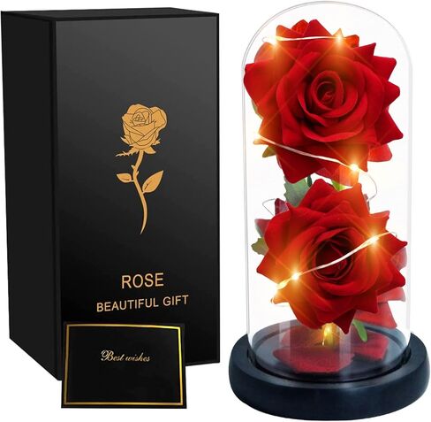 وردة الجمال والوحش - وردة حمراء حريرية في قبة زجاجية مع ضوء سلسلة خرافية، زهور صناعية إلى الأبد، وردة مضيئة، هدية وردة ساحرة لها في عيد الحب وعيد ميلاد الذكرى السنوية للزفاف. in Kuwait
