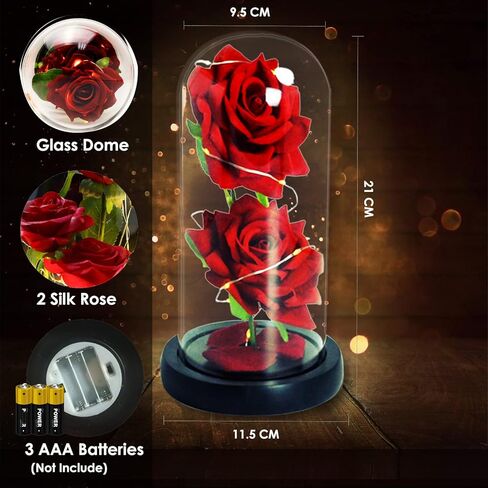وردة الجمال والوحش - وردة حمراء حريرية في قبة زجاجية مع ضوء سلسلة خرافية، زهور صناعية إلى الأبد، وردة مضيئة، هدية وردة ساحرة لها في عيد الحب وعيد ميلاد الذكرى السنوية للزفاف. in Kuwait