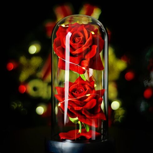وردة الجمال والوحش - وردة حمراء حريرية في قبة زجاجية مع ضوء سلسلة خرافية، زهور صناعية إلى الأبد، وردة مضيئة، هدية وردة ساحرة لها في عيد الحب وعيد ميلاد الذكرى السنوية للزفاف. in Kuwait
