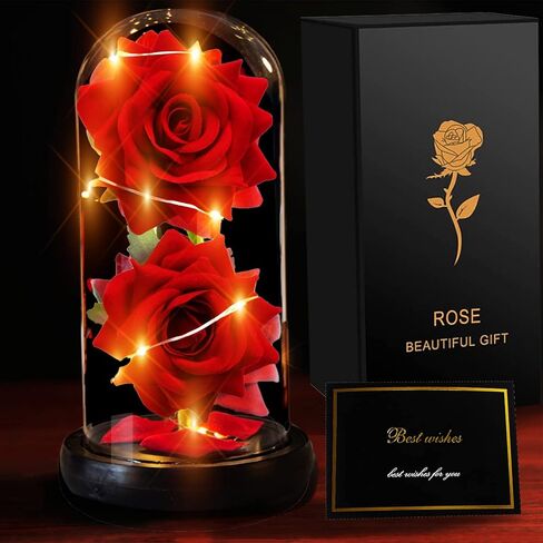 وردة الجمال والوحش - وردة حمراء حريرية في قبة زجاجية مع ضوء سلسلة خرافية، زهور صناعية إلى الأبد، وردة مضيئة، هدية وردة ساحرة لها في عيد الحب وعيد ميلاد الذكرى السنوية للزفاف. in Kuwait