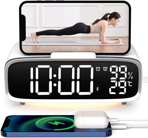 ساعة منبه رقمية من VOILEIPAGI مع شحن لاسلكي، ساعة منبه ذكية مزدوجة مع منافذ USB، ساعة كهربائية، ساعة بجانب السرير مع مكبر صوت بلوتوث، 12/24 ساعة، قيلولة بعد الظهر، ساعة منبه للنوم الثقيل - رمادي in Kuwait