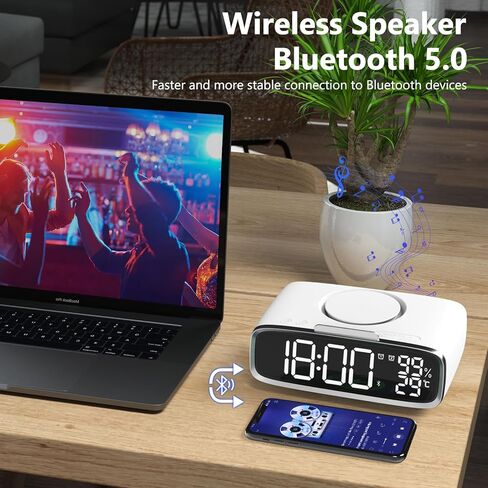 ساعة منبه رقمية من VOILEIPAGI مع شحن لاسلكي، ساعة منبه ذكية مزدوجة مع منافذ USB، ساعة كهربائية، ساعة بجانب السرير مع مكبر صوت بلوتوث، 12/24 ساعة، قيلولة بعد الظهر، ساعة منبه للنوم الثقيل - رمادي in Kuwait