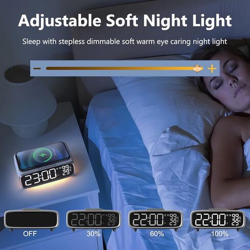 ساعة منبه رقمية من VOILEIPAGI مع شحن لاسلكي، ساعة منبه ذكية مزدوجة مع منافذ USB، ساعة كهربائية، ساعة بجانب السرير مع مكبر صوت بلوتوث، 12/24 ساعة، قيلولة بعد الظهر، ساعة منبه للنوم الثقيل - رمادي in Kuwait