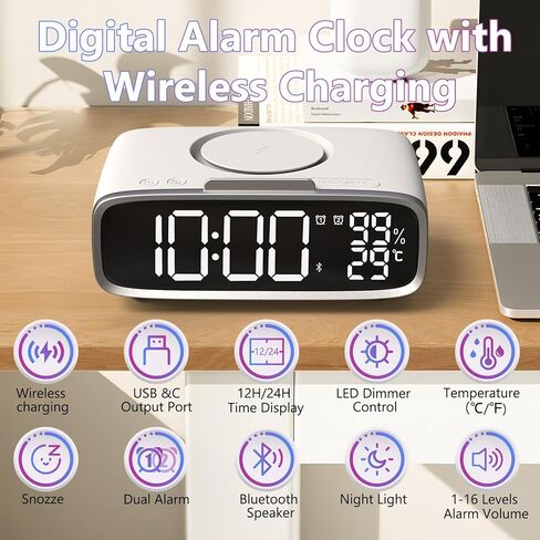 ساعة منبه رقمية من VOILEIPAGI مع شحن لاسلكي، ساعة منبه ذكية مزدوجة مع منافذ USB، ساعة كهربائية، ساعة بجانب السرير مع مكبر صوت بلوتوث، 12/24 ساعة، قيلولة بعد الظهر، ساعة منبه للنوم الثقيل - رمادي in Kuwait