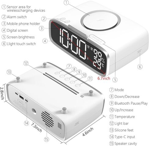 ساعة منبه رقمية من VOILEIPAGI مع شحن لاسلكي، ساعة منبه ذكية مزدوجة مع منافذ USB، ساعة كهربائية، ساعة بجانب السرير مع مكبر صوت بلوتوث، 12/24 ساعة، قيلولة بعد الظهر، ساعة منبه للنوم الثقيل - رمادي in Kuwait