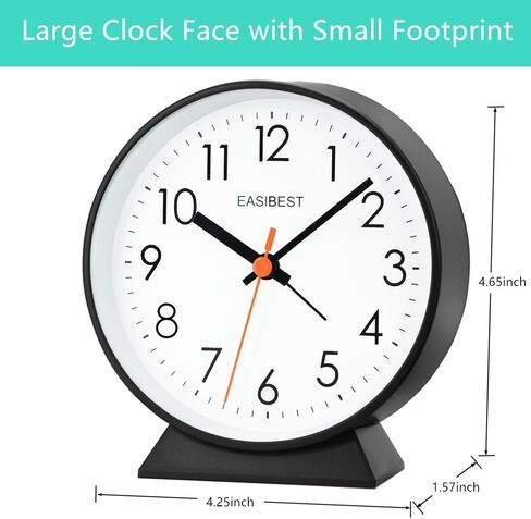 EASIBEST No Ticking Silent Alarm Clock,Easy to Read and Use,Ascending Sound,1 AA Battery Operated,Snooze Light,Bedside Desk Clock,Black in Saudi Arabia