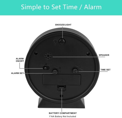 EASIBEST No Ticking Silent Alarm Clock,Easy to Read and Use,Ascending Sound,1 AA Battery Operated,Snooze Light,Bedside Desk Clock,Black in Saudi Arabia
