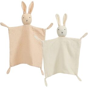 بطانية Insular Bunny Lovey للأولاد والبنات، بطانية أمان من الموسلين القطني العضوي للأطفال، منشفة ناعمة مهدئة قابلة للتنفس لحديثي الولادة والرضع، مجموعة من قطعتين (بيج وكاكي) in Kuwait