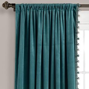 Lush Decor Luxury Vintage Velvet with Silky Pompom Trim Window Curtain Panel (Single), 84" L x 52" W, Blue