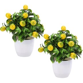 2Pcs 9.45Inch Artificial Lemon Tree Decor,Fake Lemon Plants Artificial Lemon Tree Bonsai Fake Greenery Mini Lemon Tree Potted for Home Office Decorations