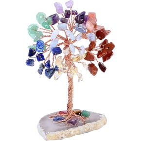 PESOENTH 7 Chakra Crystal Money Tree,Mini Rainbow Quartz Gemstone Tree Feng Shui Healing Crystal Life Tree Ornaments Agate Slice Geode Quartz Stone Stand for Home Office Decor
