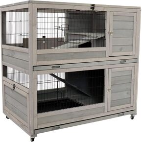 ShiningLove Wooden Bunny Hutch Indoor Outdoor Rabbit Guinea Pig Cage with High-end Paint Mesh Wheels Pull Out Tray Separated Double Layer Small Animals Multifunctional Wood Cage Light Grey in Kuwait