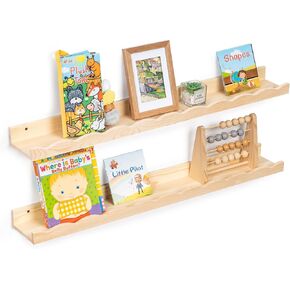 Fun Memories Picture Ledge Shelf for Wall, 24 inch Pine Wood Nursery Book Shelves Set of 2- Wall Book Shelves for Kids Room, Home Decor - Kitchen Spice-Natural