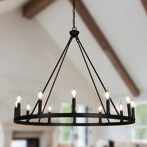 Psyverii 12-Light Candle Style Black Wagon Wheel Chandelier, Retro Farmhouse Country Style Industrial Large Round Pendant Light Fixture for Living Room, Dining Room, Foyer, Entryway