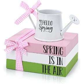 Spring Tiered Tray Decor Wooden Book Stack with Metal Mini Watering Can Farmhouse Hello Spring Decorative Items for Indoor Shelf Kitchen Holiday Home Accent for Guest Bathroom Living Room in Kuwait