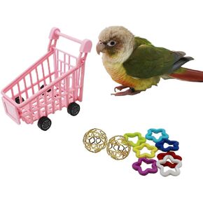 Bird Puzzle Training Toys Set，Parrots Tabletop Interactive Toys Pack，Parakeets Hobby Building Toys for Throwing Chewing Learning, Mini Pink Plastic Shopping Cart Toy with Balls for Cockatiel Conure in Kuwait