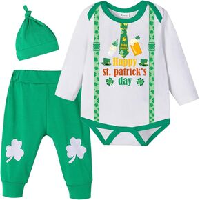 Xuomuen Baby Boy Girl Happy St. Patrick's Day Outfit, Newborn infant Cute Irish St Paddys Day Bodysuits Green Pants with Hat