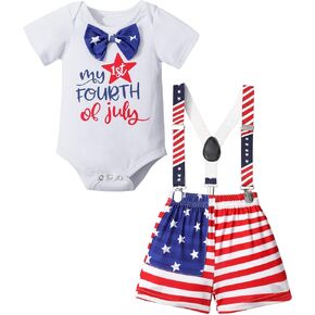 طقم ملابس للأطفال الرضع في الرابع من يوليو، رومبير مطبوع عليه حروف عيد الاستقلال بأكمام قصيرة مع ربطة عنق + شورت حمالات مكون من قطعتين in Kuwait