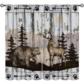 Rustic Farmhouse Curtains, Retro Wooden Barn Door Wood Board Cabin Wild Animals Bear Deer Vintage Farm Country Print Blackout Window Drapes for Kitchen Living Room Bedroom 42x45 Inch in Kuwait