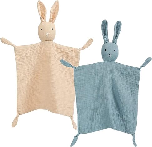 insular Bunny Lovey Blanket for Boys and Girls, Organic Cotton Muslin Security Blanket for Babies, Soft Breathable Lovie Soothing Towel for Newborn and Infant, 2 Pcs Set (Blue&Grey) in Saudi Arabia