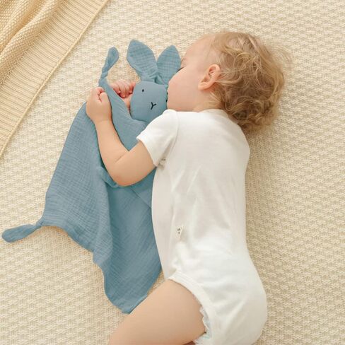 insular Bunny Lovey Blanket for Boys and Girls, Organic Cotton Muslin Security Blanket for Babies, Soft Breathable Lovie Soothing Towel for Newborn and Infant, 2 Pcs Set (Blue&Grey) in Saudi Arabia