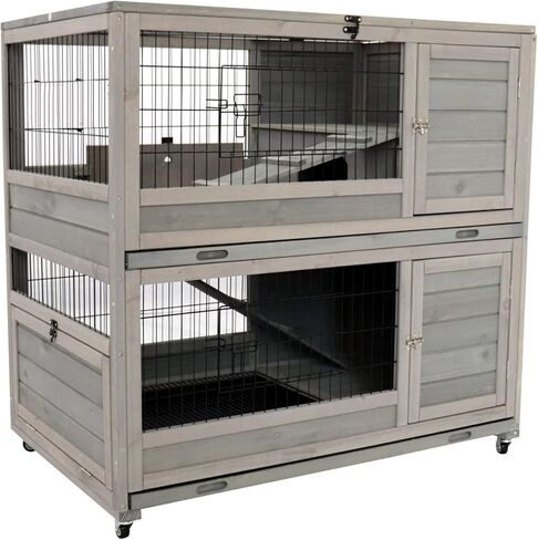 ShiningLove Wooden Bunny Hutch Indoor Outdoor Rabbit Guinea Pig Cage with High-end Paint Mesh Wheels Pull Out Tray Separated Double Layer Small Animals Multifunctional Wood Cage Light Grey in Kuwait