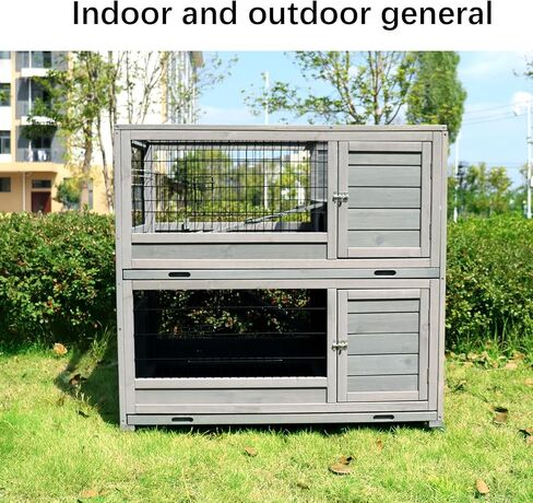 ShiningLove Wooden Bunny Hutch Indoor Outdoor Rabbit Guinea Pig Cage with High-end Paint Mesh Wheels Pull Out Tray Separated Double Layer Small Animals Multifunctional Wood Cage Light Grey in Kuwait