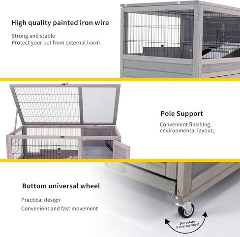 ShiningLove Wooden Bunny Hutch Indoor Outdoor Rabbit Guinea Pig Cage with High-end Paint Mesh Wheels Pull Out Tray Separated Double Layer Small Animals Multifunctional Wood Cage Light Grey in Kuwait