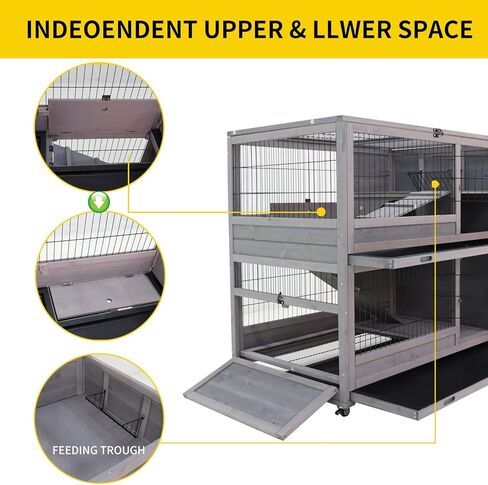 ShiningLove Wooden Bunny Hutch Indoor Outdoor Rabbit Guinea Pig Cage with High-end Paint Mesh Wheels Pull Out Tray Separated Double Layer Small Animals Multifunctional Wood Cage Light Grey in Kuwait