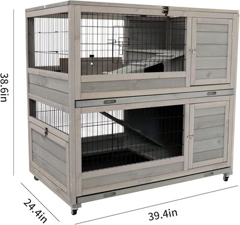 ShiningLove Wooden Bunny Hutch Indoor Outdoor Rabbit Guinea Pig Cage with High-end Paint Mesh Wheels Pull Out Tray Separated Double Layer Small Animals Multifunctional Wood Cage Light Grey in Kuwait