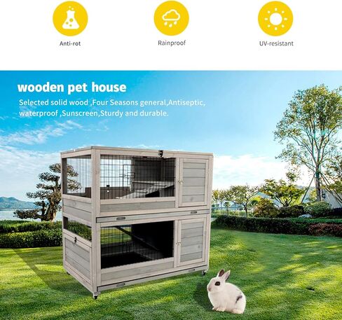 ShiningLove Wooden Bunny Hutch Indoor Outdoor Rabbit Guinea Pig Cage with High-end Paint Mesh Wheels Pull Out Tray Separated Double Layer Small Animals Multifunctional Wood Cage Light Grey in Kuwait