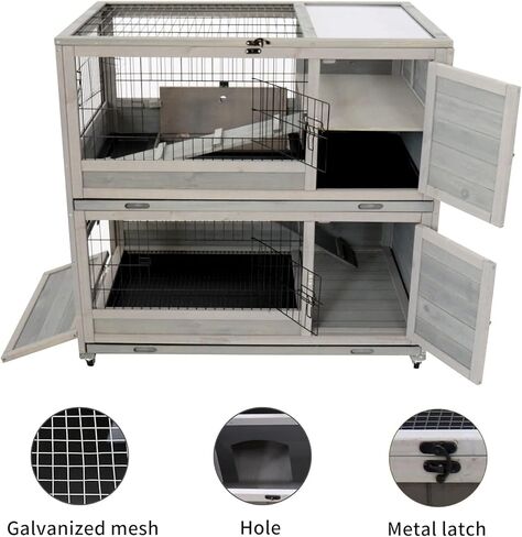 ShiningLove Wooden Bunny Hutch Indoor Outdoor Rabbit Guinea Pig Cage with High-end Paint Mesh Wheels Pull Out Tray Separated Double Layer Small Animals Multifunctional Wood Cage Light Grey in Kuwait