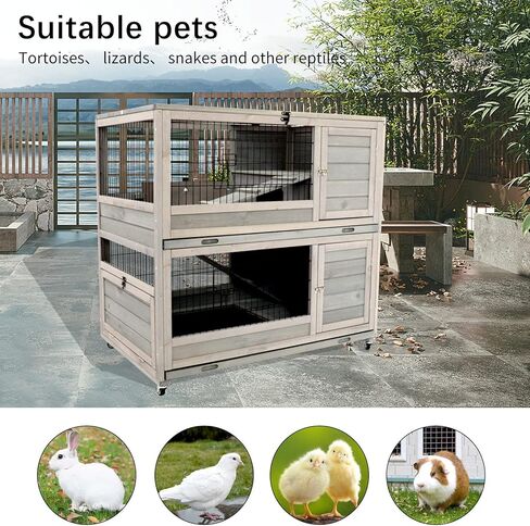 ShiningLove Wooden Bunny Hutch Indoor Outdoor Rabbit Guinea Pig Cage with High-end Paint Mesh Wheels Pull Out Tray Separated Double Layer Small Animals Multifunctional Wood Cage Light Grey in Kuwait
