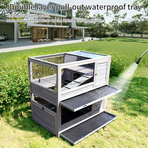 ShiningLove Wooden Bunny Hutch Indoor Outdoor Rabbit Guinea Pig Cage with High-end Paint Mesh Wheels Pull Out Tray Separated Double Layer Small Animals Multifunctional Wood Cage Light Grey in Kuwait